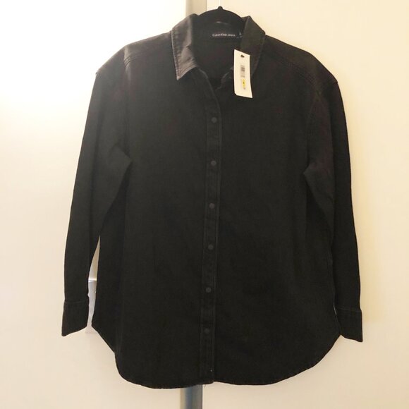 CALVIN KLEIN JEANS BLACK DENIM SNAP FRONT SHIRT WOMEN’S M NWT - Picture 2 of 11